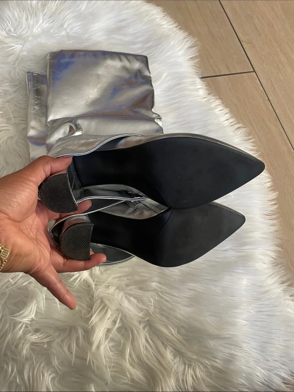 Metallic Silver Fold Over Pointy Toe, Knee High Boots